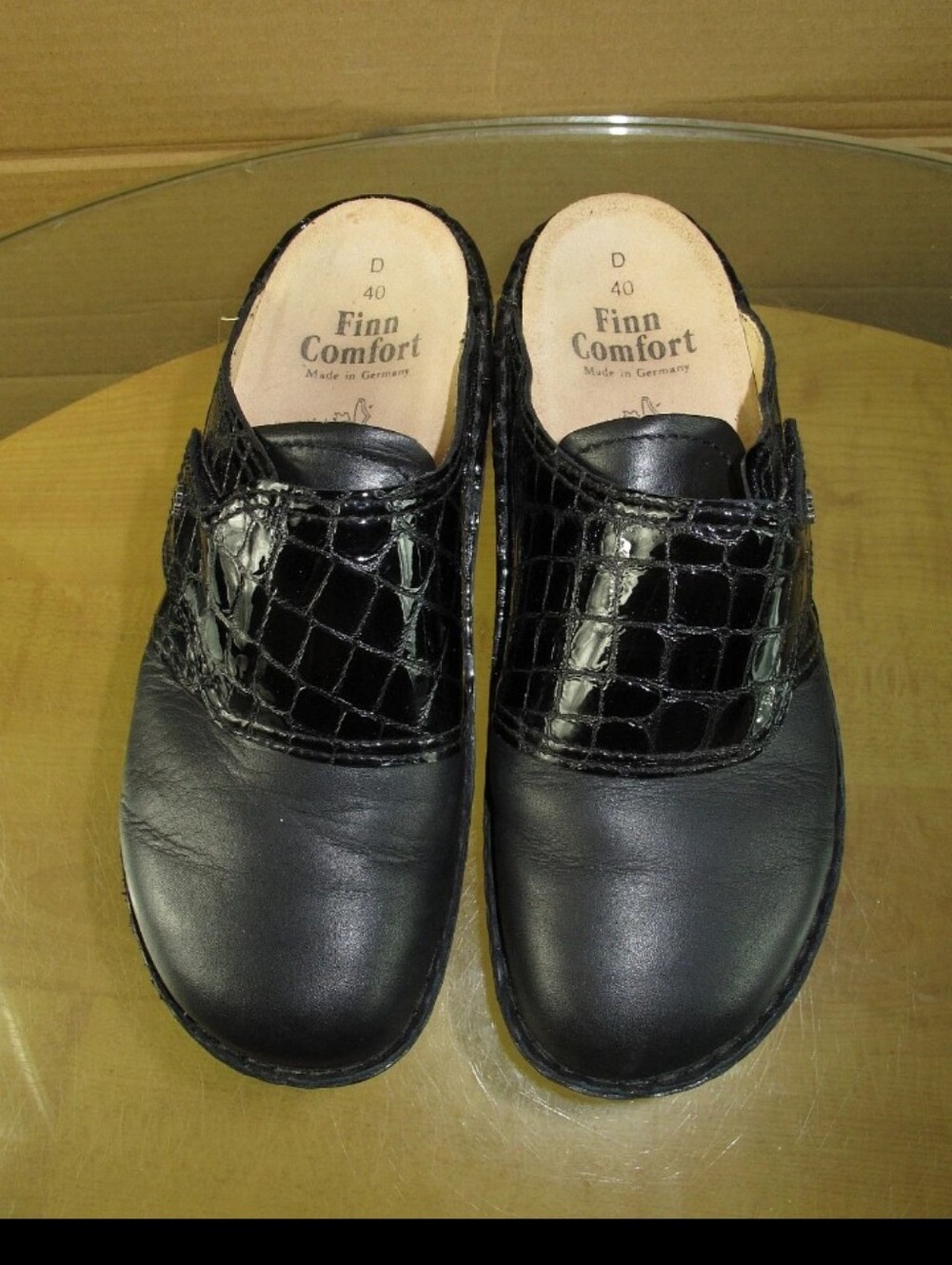 Finn Comfort Aussee Classic-Soft Black Croc Print Leather Mule Women's US Size 9